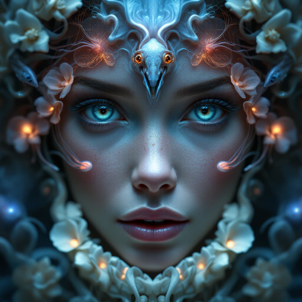 AI generated: Goddess close-up portrait ribcagel. jellyfish phoenix head, nautilus, orchid, skull, betta fish, bio...