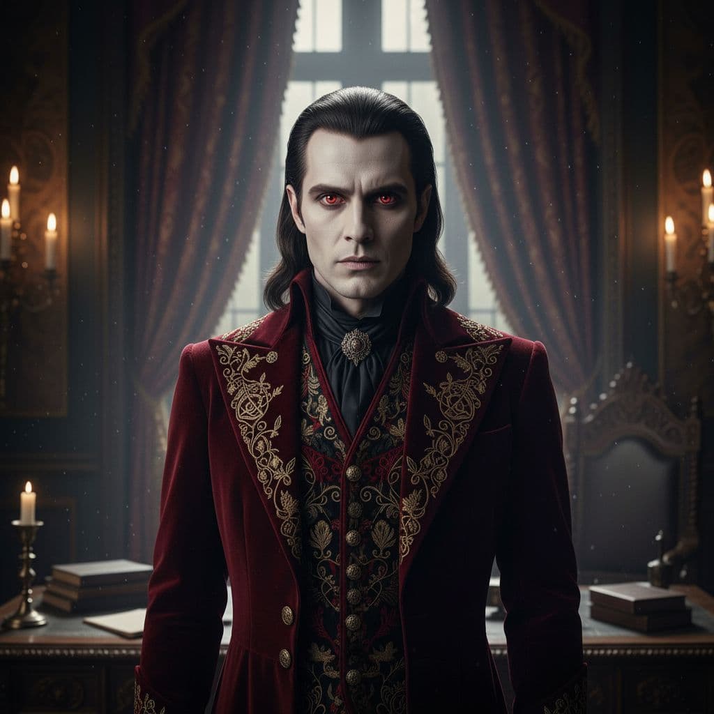 AI generated: reimagined as a vampire inspired by Bram Stoker’s Dracula (1992), pale porcelain skin, deep red eyes...