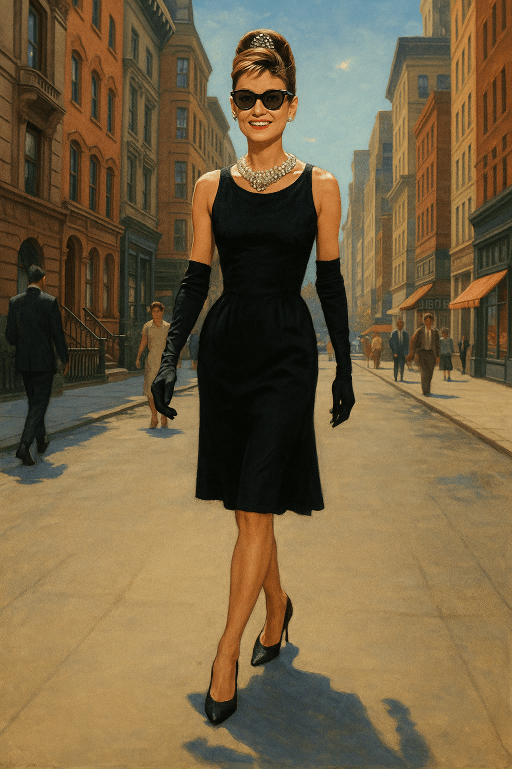 AI generated: Create a full-body illustration of Audrey Hepburn in her iconic little black dress from the 1961 fil...