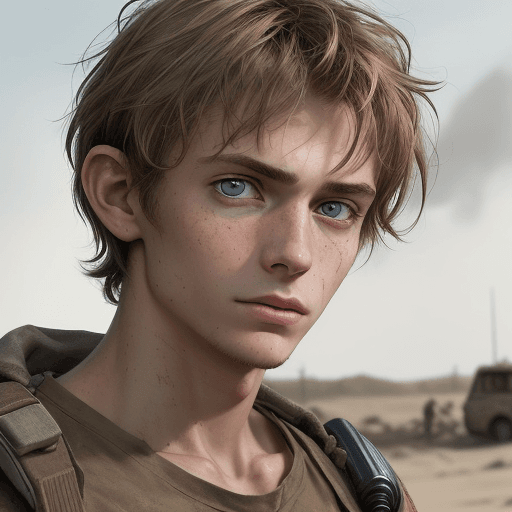 AI generated: three-quarter close-up portrait, 18 y. man, scrawny figure, stunning face, (big eyes),  innocent exp...