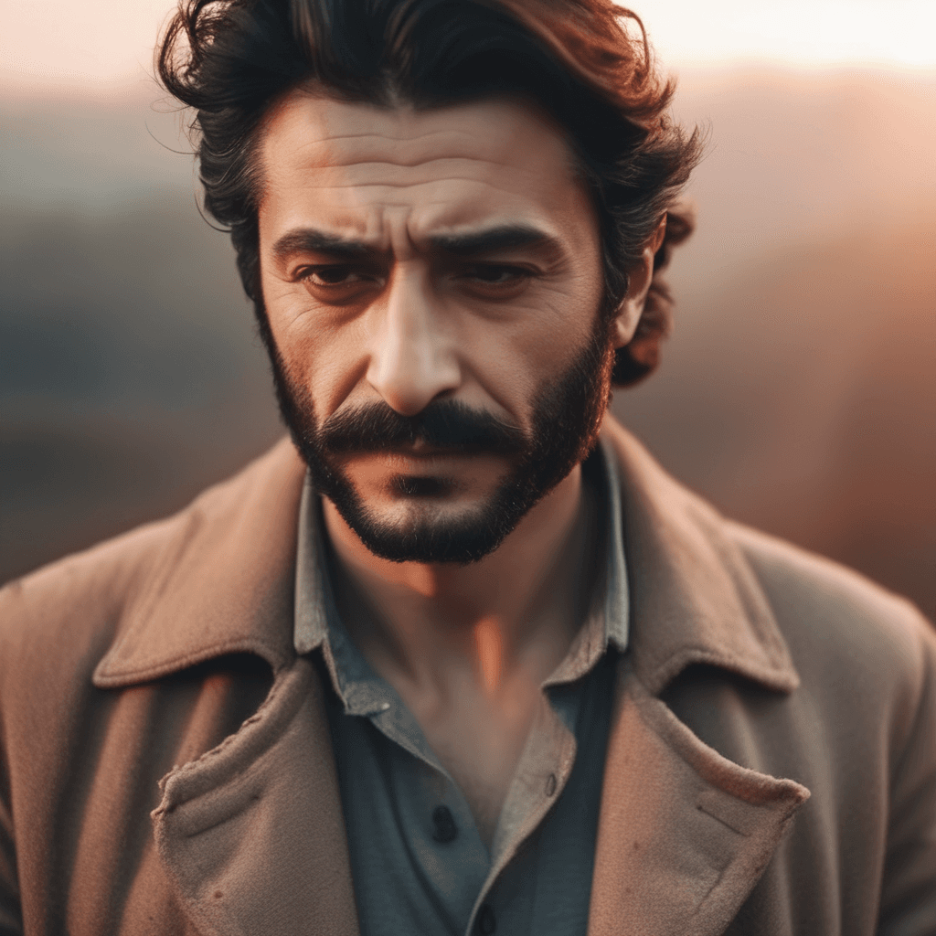 AI generated: An emotional of a handsome Turkish actor in the springtime at sunrise, portraying deep emotions and ...