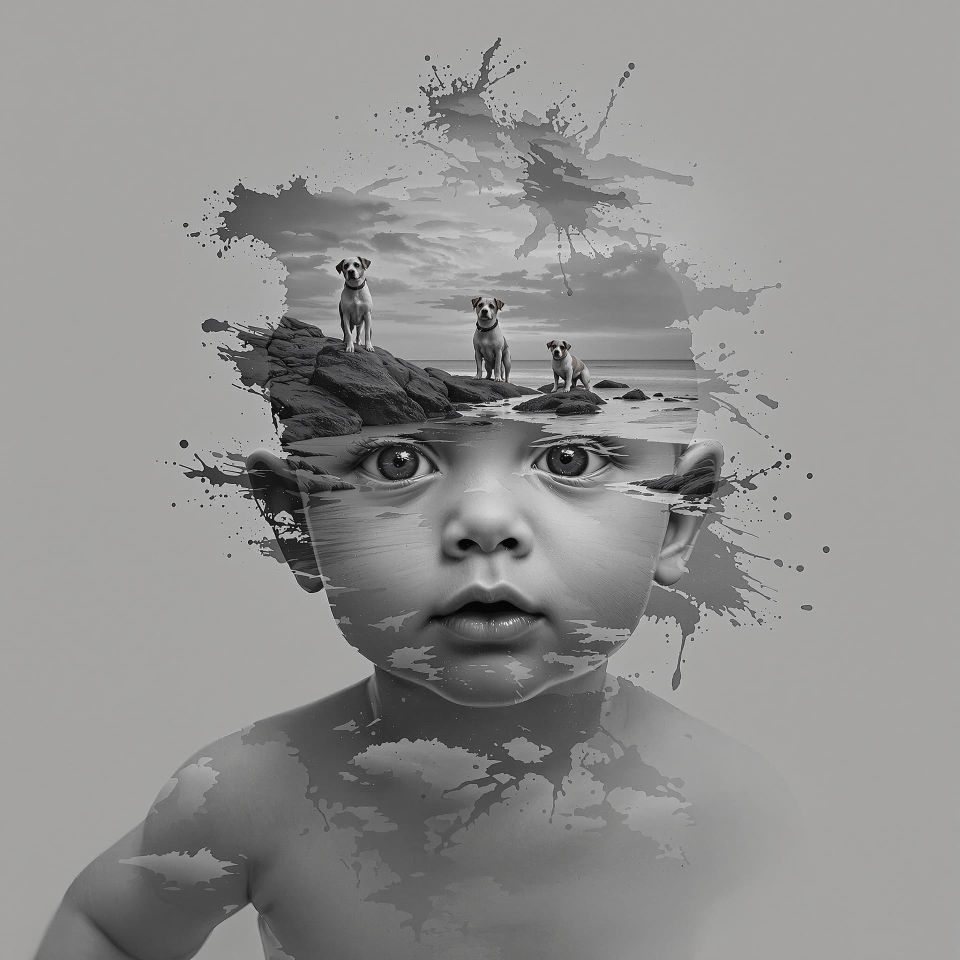 AI generated: A surreal double exposure work that combines a black and white portrait of a baby's face with a beac...