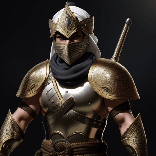 AI generated: Male Persian warrior in a battleground, wearing a full battle face mask, helm, and turban, facing th...