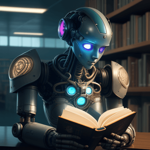 AI generated: High resolution photography, library, , robot, cyberpunk, reading book,
8k, intricate detail, photor...