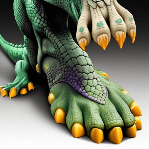 AI generated: a human foot similar to a dinosaur's foot with reptile claws instead of human nails