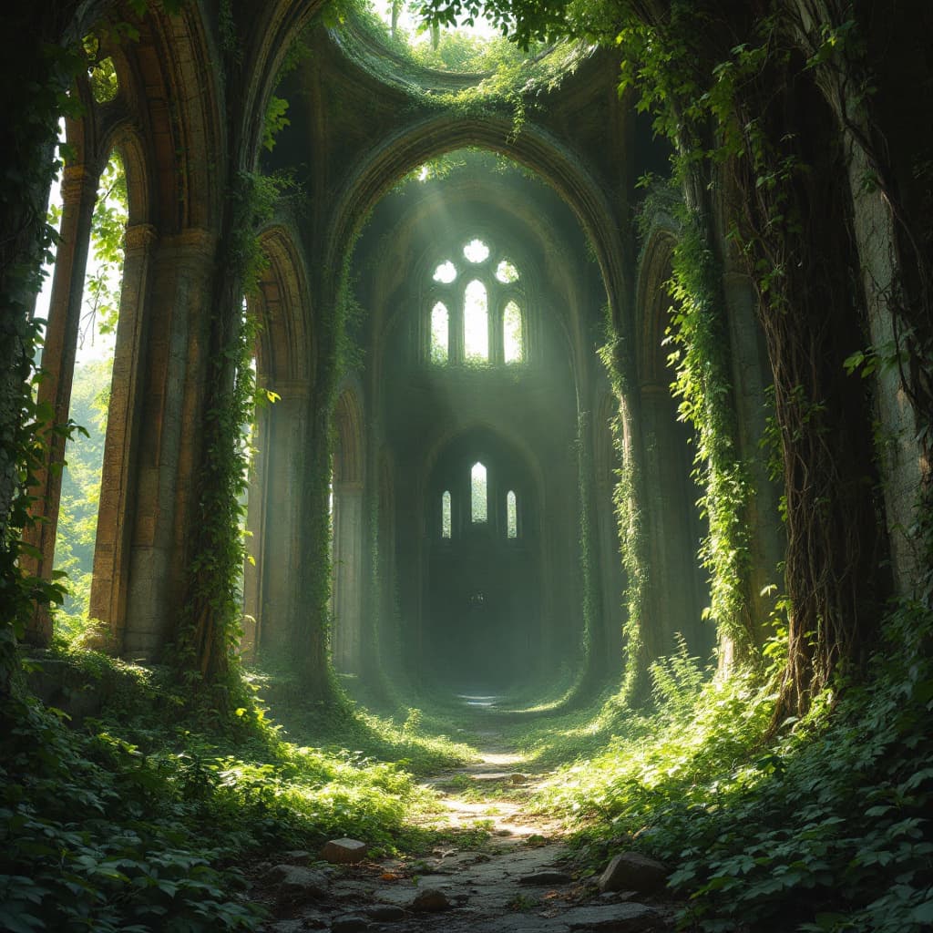 AI generated: 15.	abandoned cathedral overrun by giant vines, sunlight piercing through cracks --v 7 --style falle...