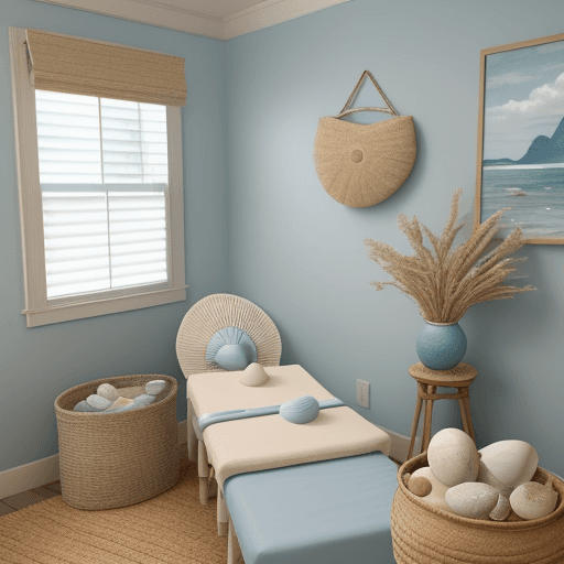 AI generated: "Create a coastal-themed spa room in my narrow space (1.5 meters wide by 2.5 meters long). Use a cal...