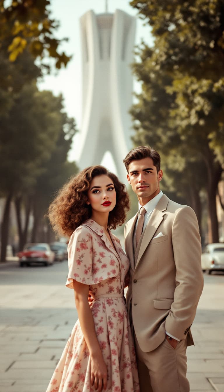 AI generated: The young couple from the 1950s stands in the heart of Tehran, with the iconic Azadi Square (formerl...