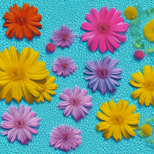 AI generated: flowers grouped in pattern, 3D, realistic, art, real photography 3D render of a reflective lake