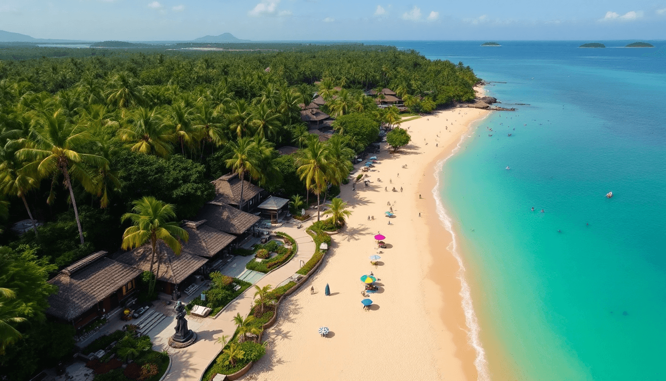 AI generated: An aerial view of a tropical seaside promenade with beach houses surrounded by lush palm trees and d...