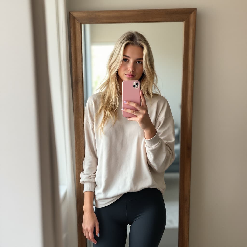 AI generated: A girl at home takes a full body selfie a with her iphone on a wall mirror, she is standing up and w...