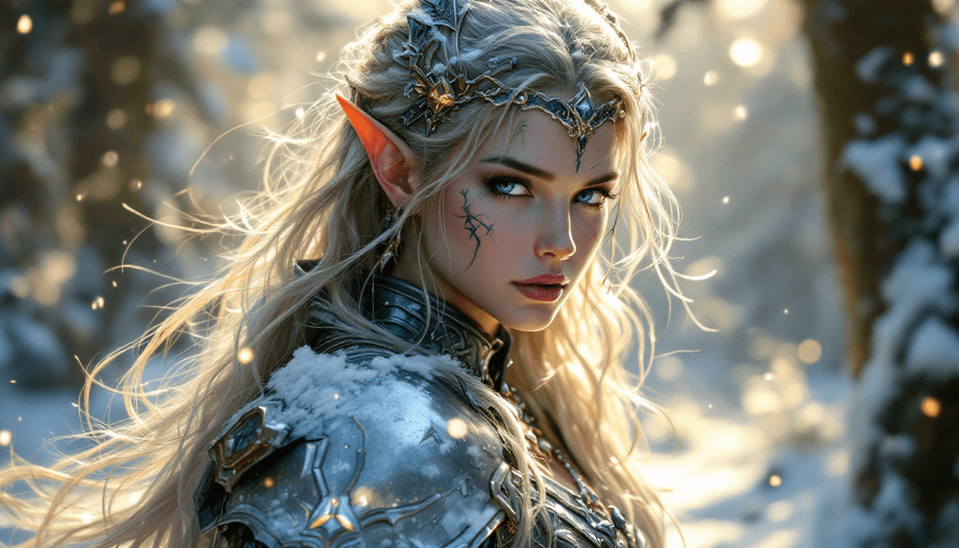 AI generated: An elven warrior queen in silver armor, fantasy art, backlit by a magical forest glow, mystical and ...
