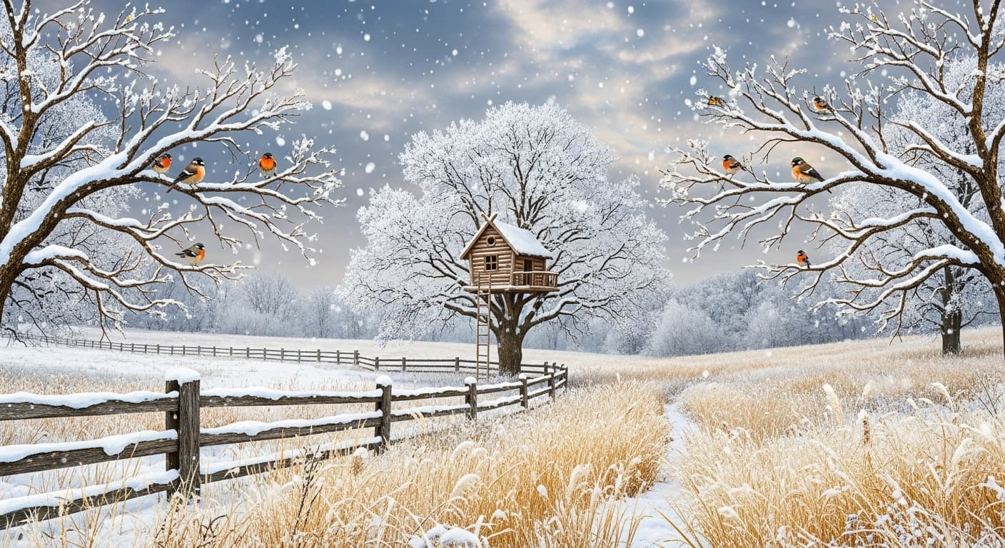 AI generated:  branches. Include a serene countryside landscape with a weathered wooden fence covered in snow, gol...