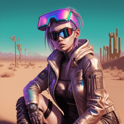 AI generated: female character wearing goggles while sitting in the desert, in the style of cyberpunk imagery, rea...
