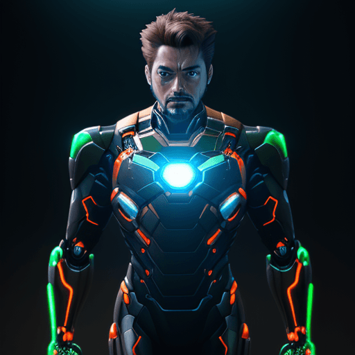 AI generated: 3d rendering, MALE ALIKE TONY STARK robot, front view, upper-body, neon glow with deep orange and gr...