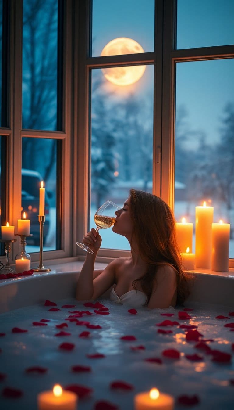 AI generated: Beautiful,mystique, Erotic bubble bath inside, candles, rose petals,luxurious Ambiente, big window i...