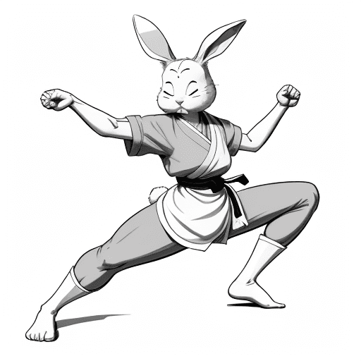 AI generated: sketch, no color, cartoon, line art, 2D, rabbit woman, monk, rabbit legs, martial arts kick