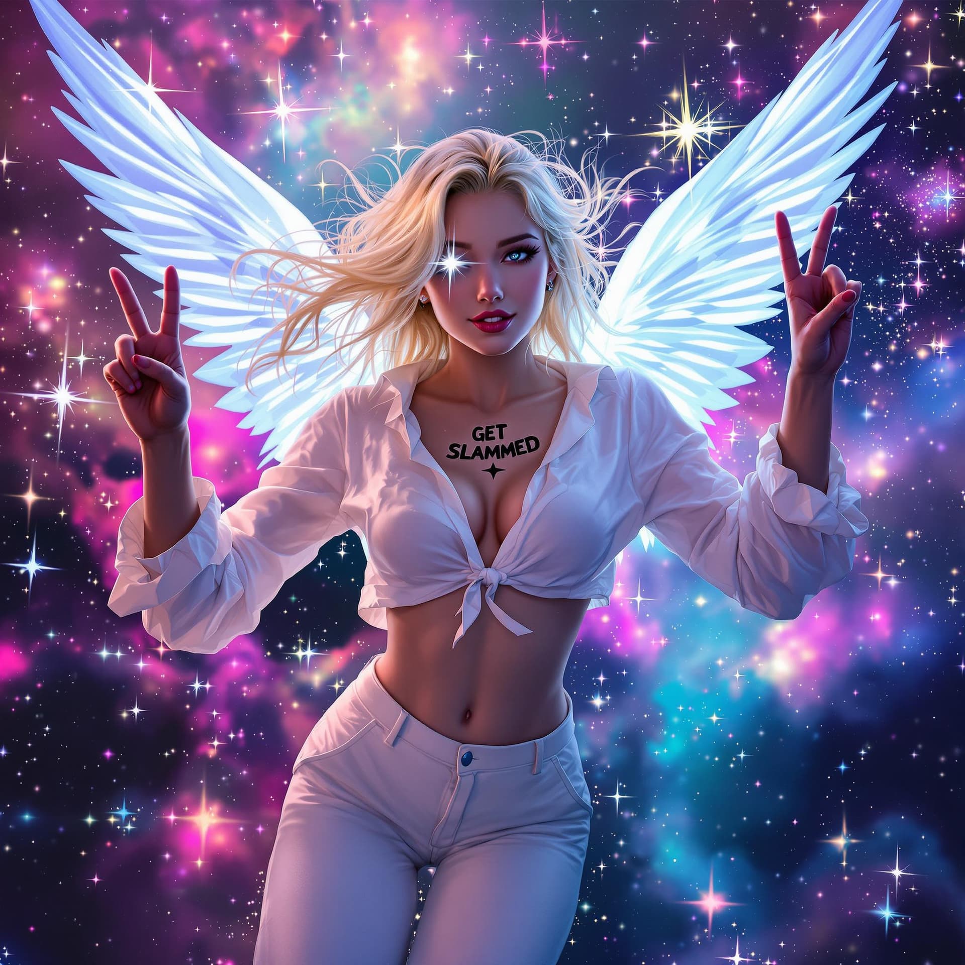 AI generated: A blonde girl floating in a colourful space environment like doctor strange dormamu. She is doing pe...