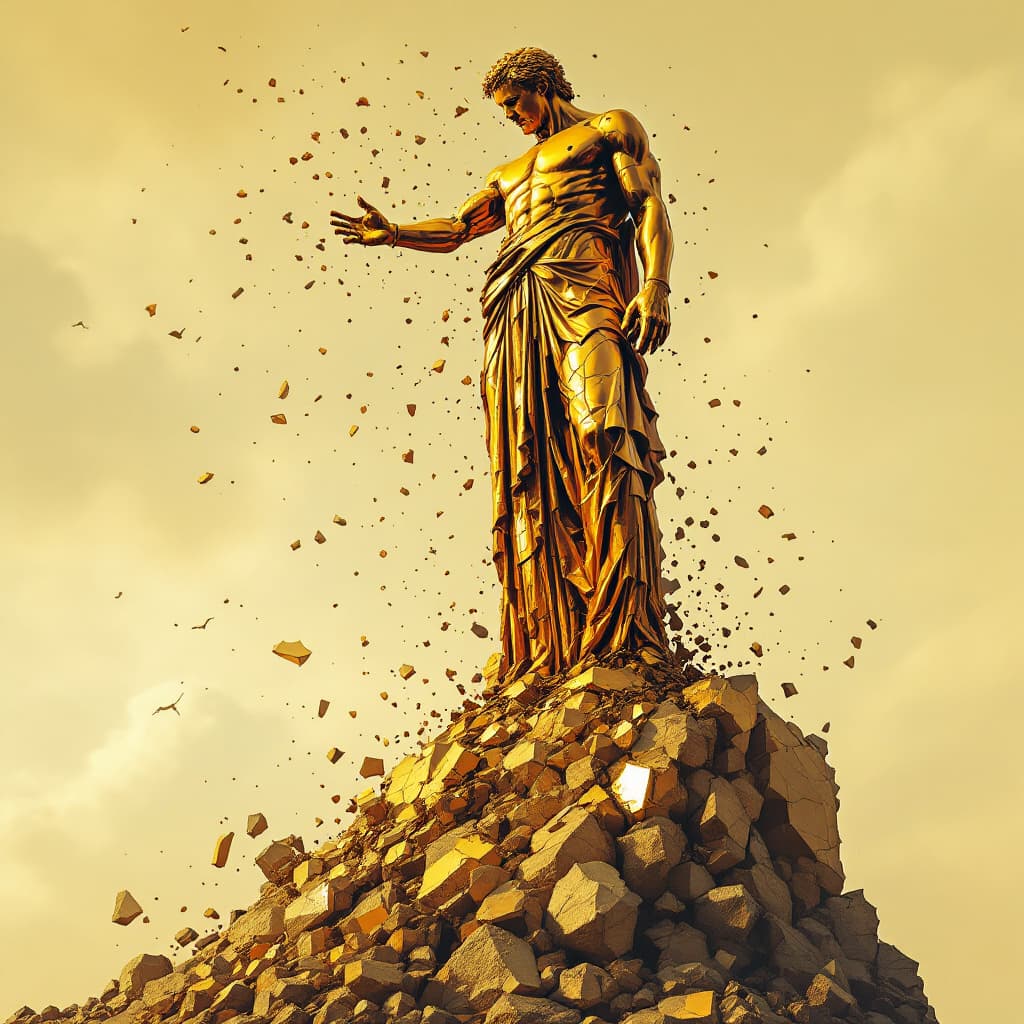 AI generated: "Pride goes before destruction" — A towering golden statue of a man, crumbling from the top down"