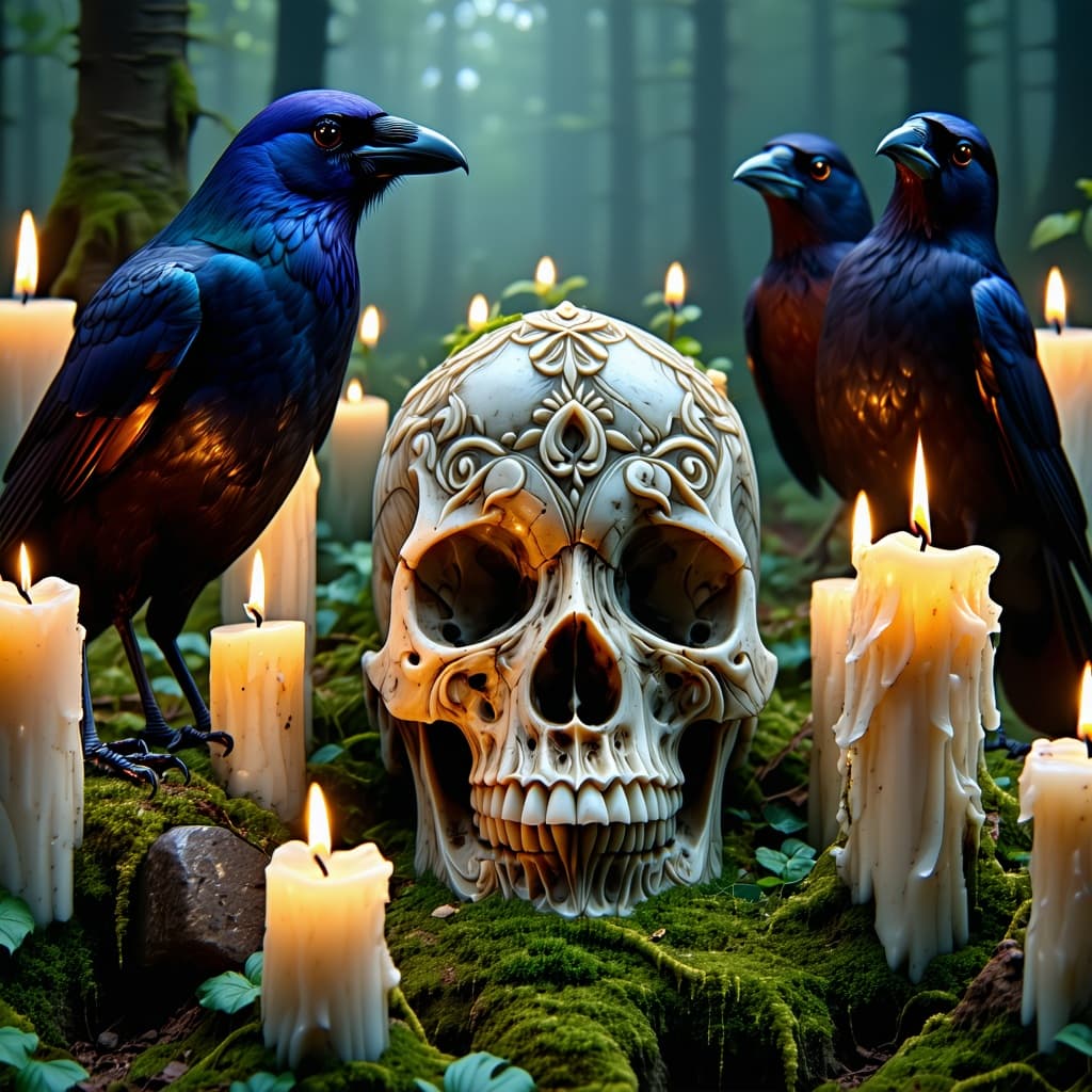AI generated: On an altar deep in a forest, a stone skull carved with thousands of microscopic prayers. Candles li...