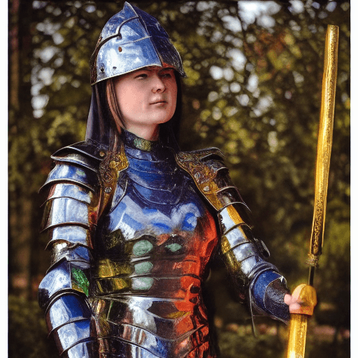 AI generated: Female warrior, armor made from stained glass
