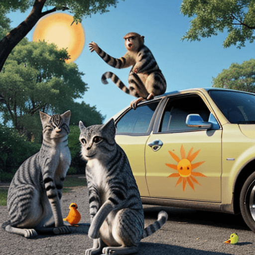 AI generated: cars, mushrooms, marijuana, trees, smiley face sun, clear sky, monkeys, colorful birds, rabbits, col...