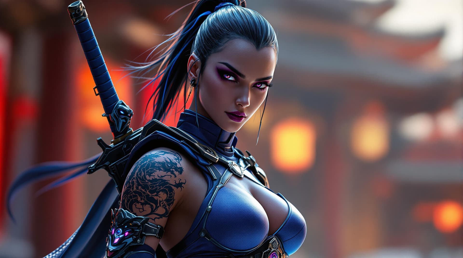 AI generated: Ultra-realistic cyberpunk Kitana, Mortal Kombat character, wearing intricate warrior suit, blue with...