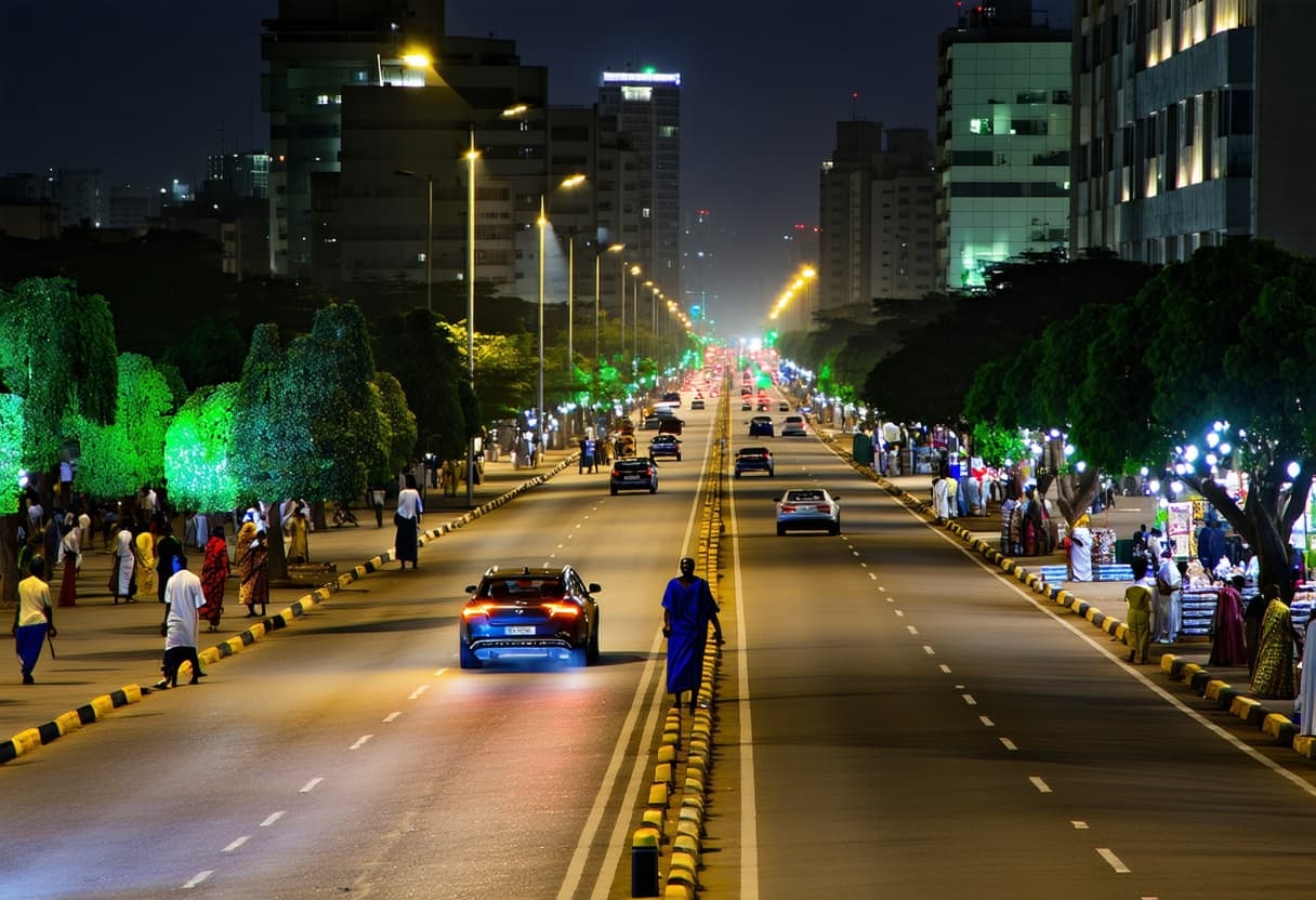 AI generated: A bustling modern African city at night, with sleek cars driving down wide streets. Streetlights ill...
