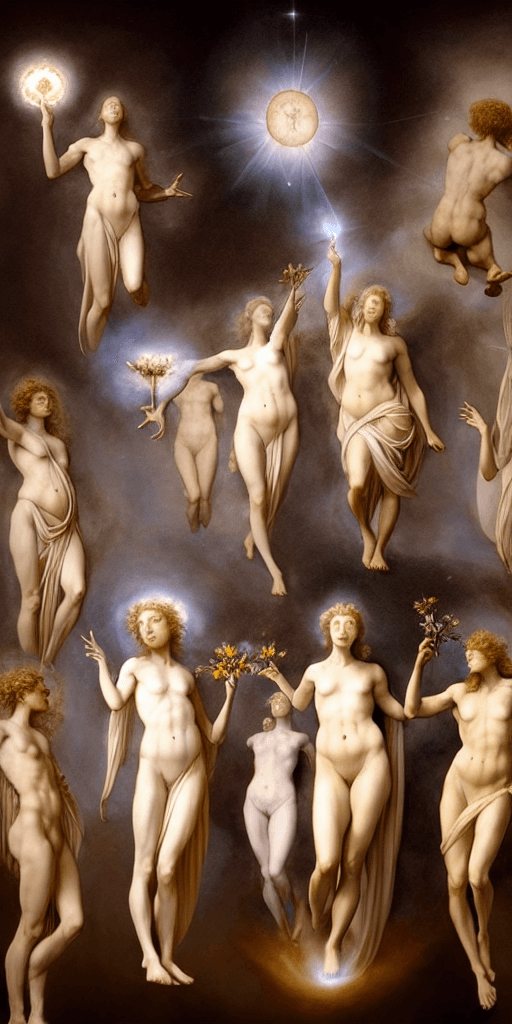 AI generated: raytraced render and digital painting of humans transforming into ethereal modest biological gods we...