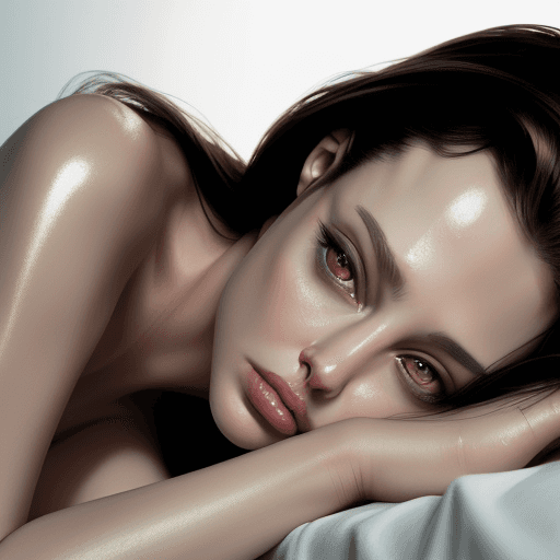 AI generated: Beautiful humanoid Angelina Jolie, full body close-up, lying on a bed, silk sheets, digital art, por...
