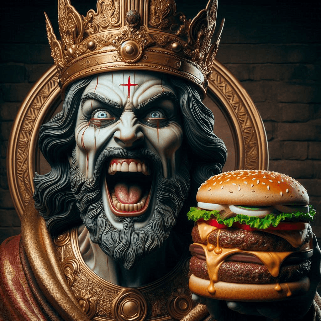 AI generated: Dramatic religious statue of an angry laughing hamburger king