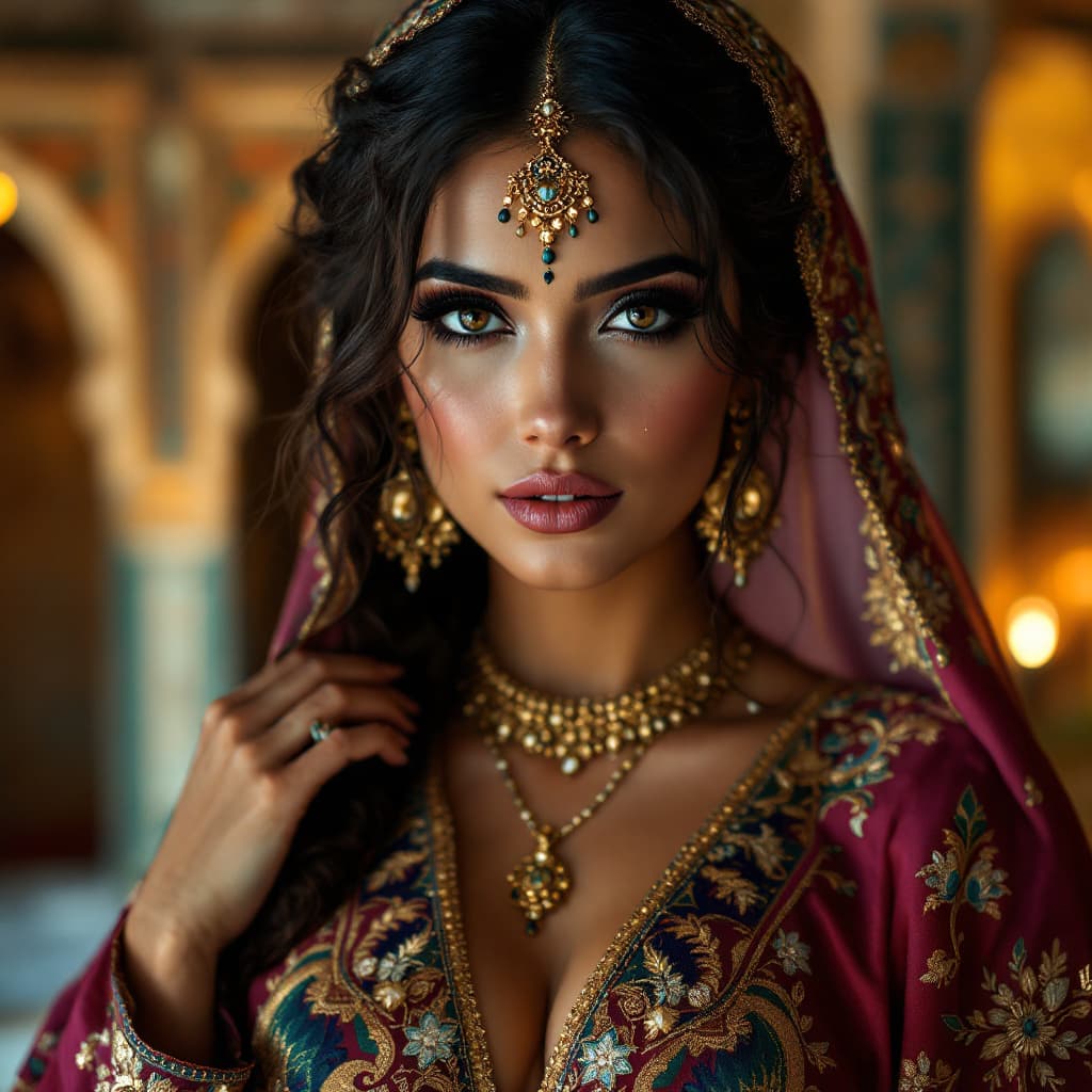 AI generated: "A stunningly beautiful Arab woman with mesmerizing eyes adorned with black kohl, her gaze intense a...