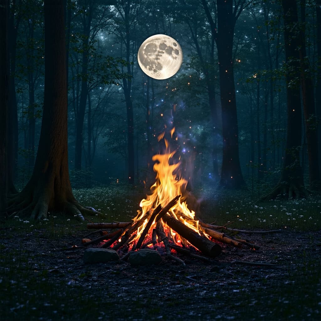 AI generated: Imagine an ultra-high-definition, 8K night scene set in a tranquil woodland area. The darkness of th...