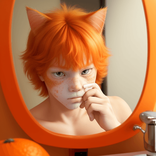 AI generated: An orange Cute cat looks at himself in the mirror and is sad when he sees aLot of Red  Pimple Acne  ...
