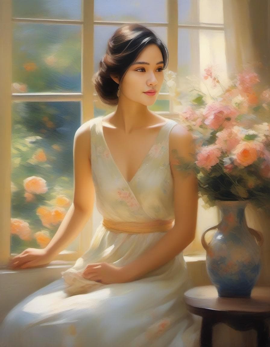 AI generated: oil painting of a beautiful girl in a summer dress sitting by a window holding flowers, in the style...