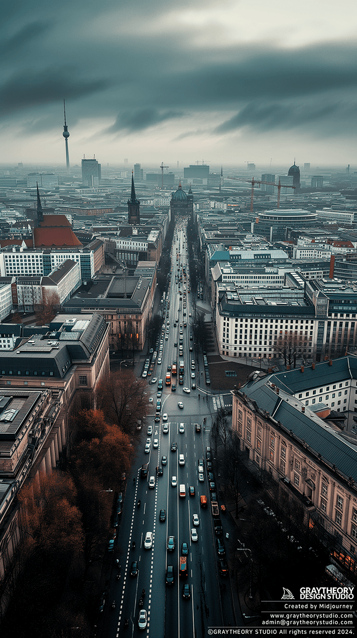 AI generated: aerial, Berlin city at cloudy --ar 9:16 --style raw --v 6