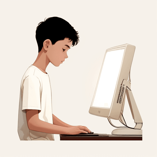 AI generated: A minimalistic illustration of a boy working beside computer, modern light brown and light cream, Dr...