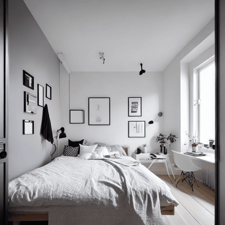 AI generated: Scandinavian bedroom interior design bedroom, 3x3m² space, double bed, workspace, wardrobe, and en-s...
