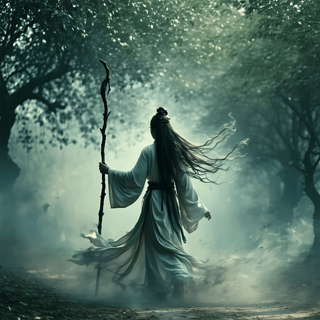 AI generated: A solitary spirit guide, her form seeming to blend into the surrounding nature, and her long hair fl...