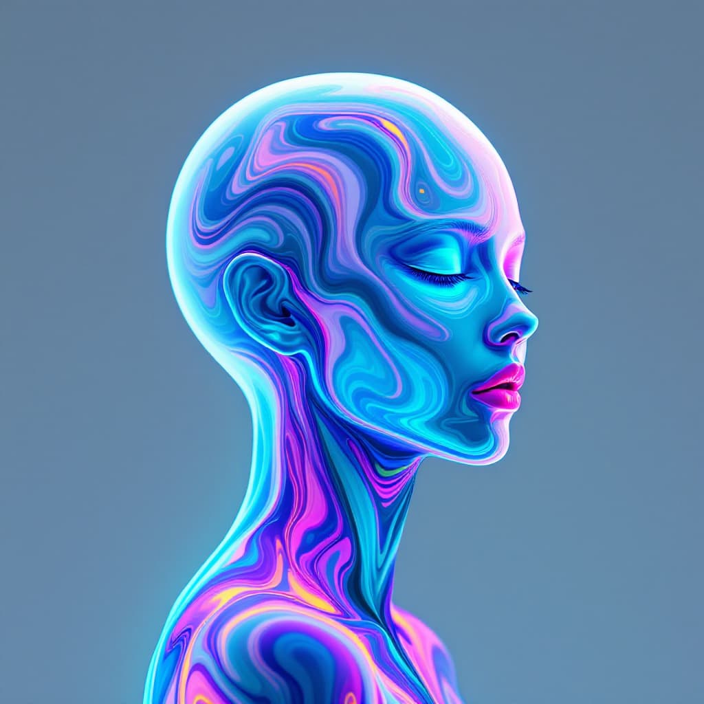 AI generated: a dreamlike, high-contrast, vibrant, flat-side-profile view of a glowing, bald, genderless, humanoid...