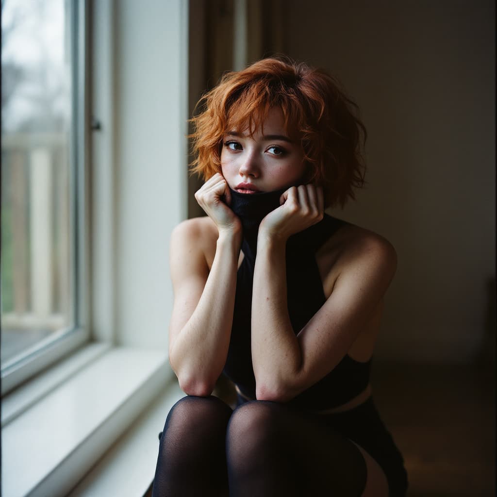 AI generated: photo, a cute Asian woman, oily, sitting pose, on wood flooring the corner, cottage core home, cover...