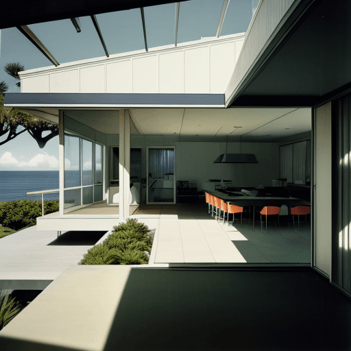 AI generated: Hyper realistic eye level exterior photo of a mid century modern style house overlooking the ocean, ...