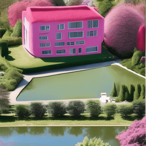 AI generated: Garden with a small single-family house in Bauhaus style by the lake. View of the house from diagona...