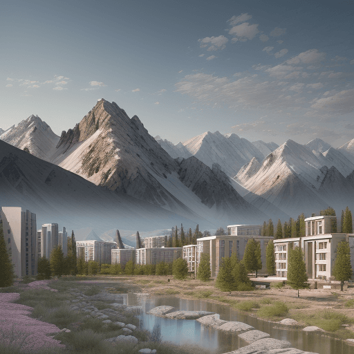 AI generated: Create an image that depicts a modern high-rise building surrounded by Kyrgyz-style landscape design...