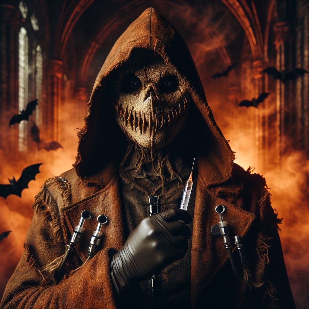 AI generated: panned out potrait of a realistic painting concept art style of an older Scarecrow wearing a brown l...
