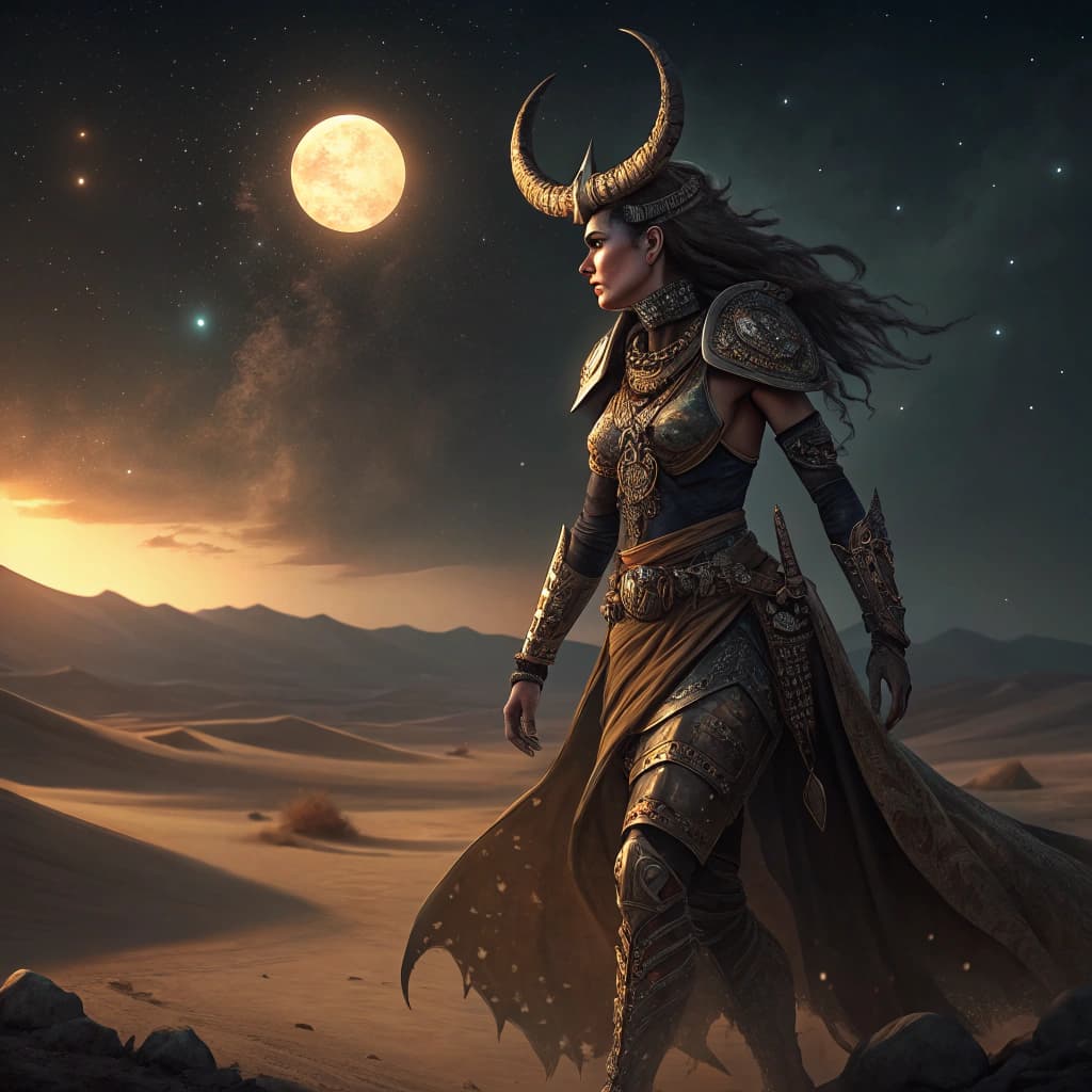 AI generated: A detailed and atmospheric illustration, full body shot of a young beautiful European female horned ...