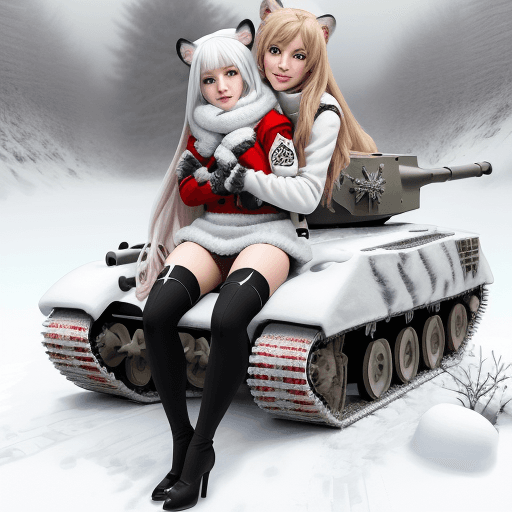 AI generated: louise de blank de la valiere, anime, sit on snowy camouflage riding tank and hug herself, winter re...