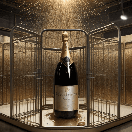 AI generated: A small transport cage where bottles of champagne are bursting and spilling their liquid."