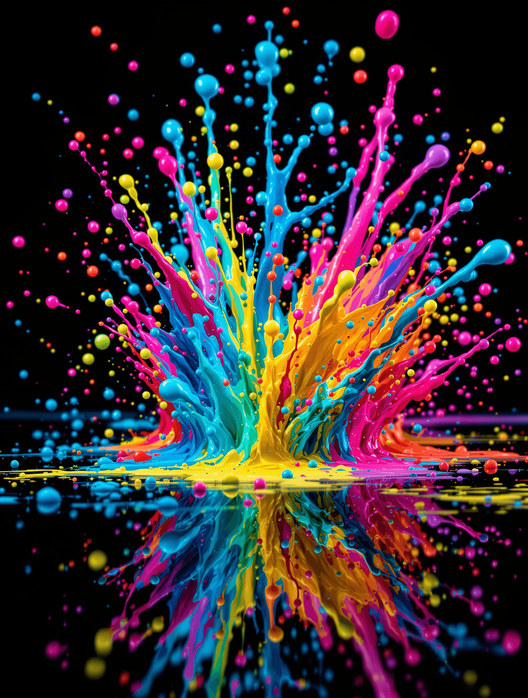 AI generated: A high-detail macro photograph of vibrant, colorful paint splatter on a glossy black reflective surf...