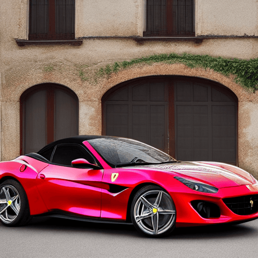 AI generated: Hyper realistic eye level exterior photo of a red Ferrari portofino